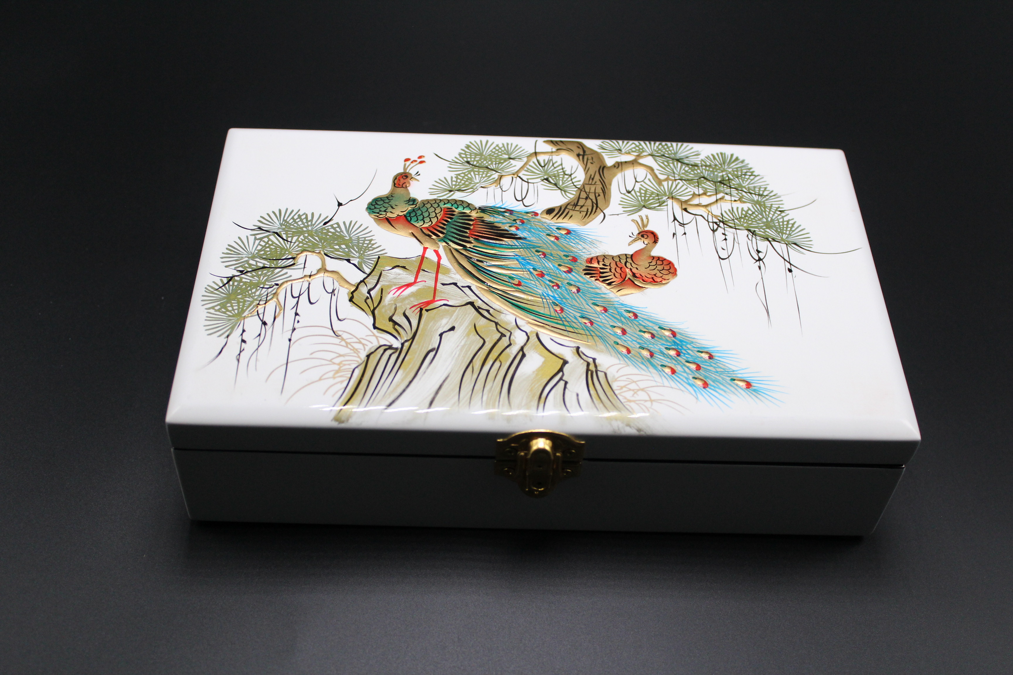 Peacock and Cedrus tree Painting in white Surface Lacquer Jewellery Box MNV-SPCC015