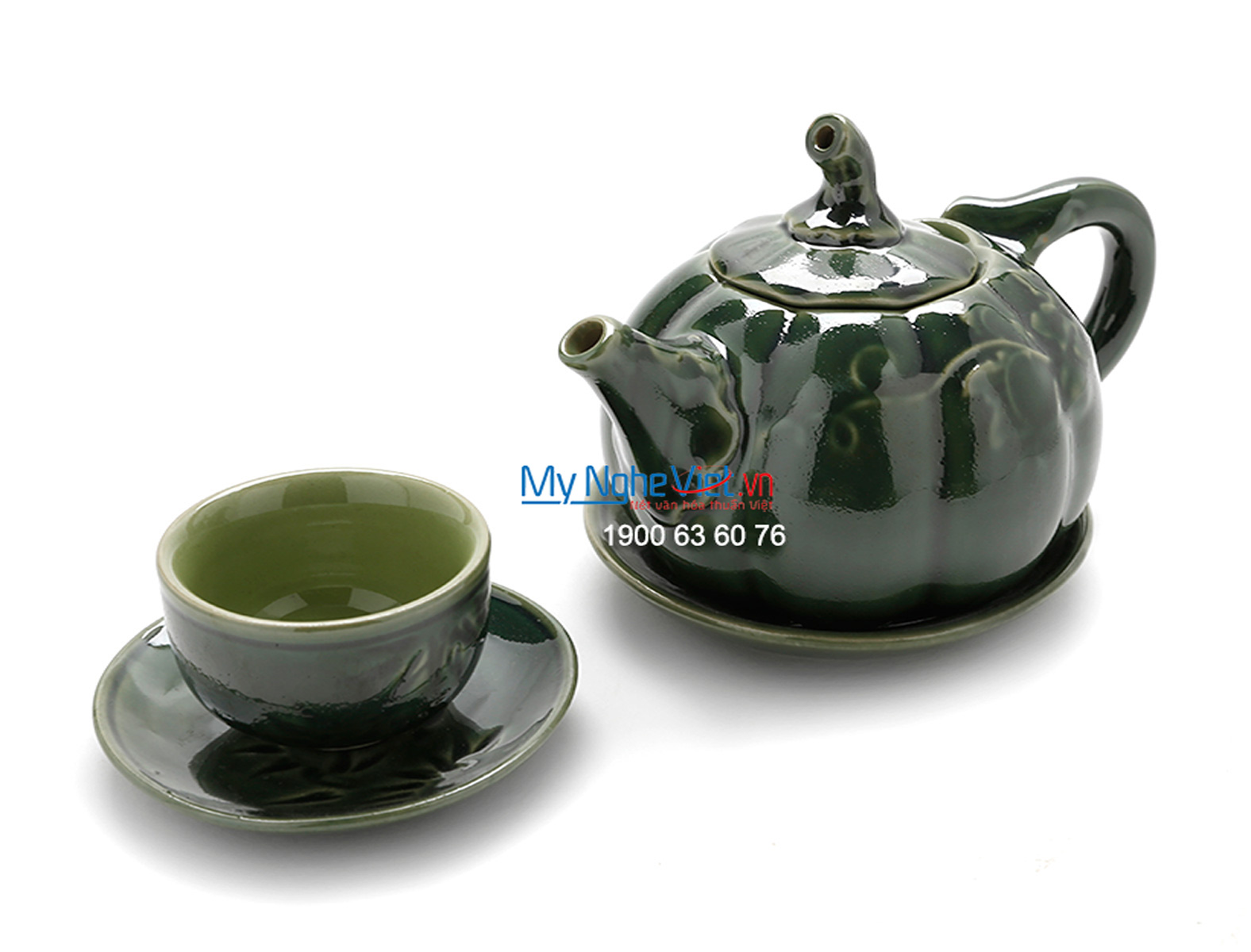 Bat Trang Tea set with Glossy Glaze and Green Pumpkin Pattern MNV-TS486