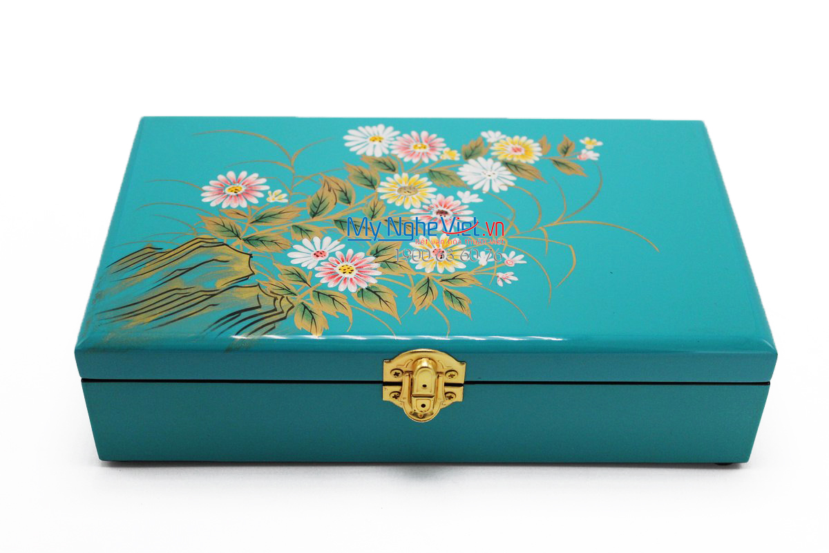 Lacquer Jewellery Box with Chrysanthemum on Blue background MNV-SPCC016-1
