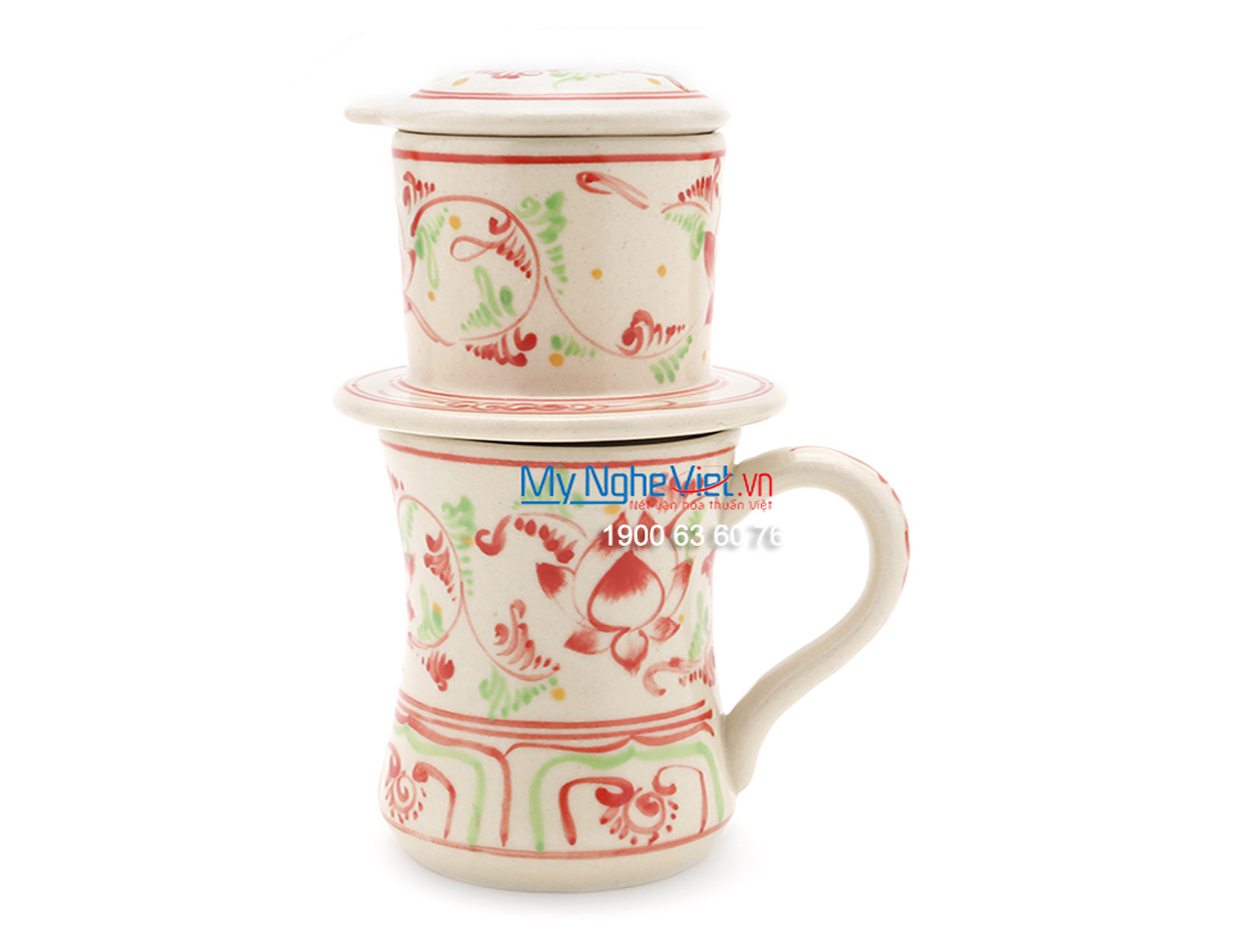 Pottery Coffee Filter with Red Lotus Flower Pattern MNV-CFC10