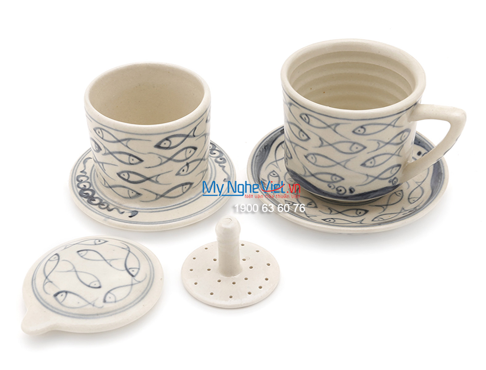 Pottery Coffee Filter with Blue Fish Pattern (with saucer) MNV-CFT003